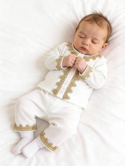 SHEIN Newborn Baby Boy Cardigan Long Sleeve Outfit - Top + Pants 2Pcs Set, Traditional Minimalist Style Outerwear, Gold Trim Decor White Silk-Like Fabric, Front Full Button Design For Easy Dressing, Baby Jalabiya/Abaya, Suitable For Party, Photoshoot, Daily Wear, Traditional Arabic Baby Clothing Baby Boy Christening Clothes Newborn Boy Photoshoot Outfit Newborn Church Outfit Newborn Boy Arab Dress Newborn Boy Elegant Outfit