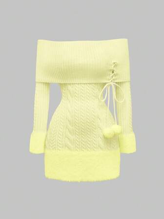 Kawaii Off-Shoulder Fellbommel-Anhänger verziertes flauschiges Patchwork Damen Partykleid, geeignet für Neujahr, Valentinstag