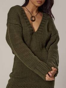 MUSERA Knitted Hooded Vneck Fitted Balloon Sleeve Mini Dress Spring, Girly, Day Outfits, Cute , Casual - Dark Green - View 2