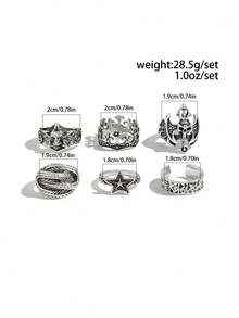 ROMWE Goth 6 chiếc nhẫn ngôi sao phong cách Punk có thể điều chỉnh kích thước, nhẫn đôi, quà tặng ngày lễ - Bạc cổ - ngôi sao đầu lâu - Xem 4