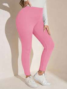 SHEIN LUNE Quần legging nữ cỡ lớn, màu trơn, cạp chun, kiểu dáng thường ngày, lót giữ nhiệt. - Hồng - Xem 6