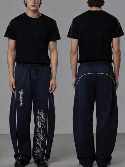 Street Life Men's Curved Knife Logo Letter Print Drawstring Waist Casual Pants