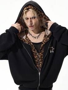 ROMWE MEN Street Life Sweatshirt Hoodie Pria Motif Leopard dengan Tudung Ganda - Hitam - View 2