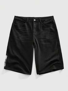 ROMWE MEN Anime Quần short denim nam in hình rồng, kiểu dáng thường ngày, thích hợp cho mùa hè. - màu đen - Xem 9