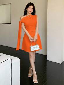 Celisse 女士不对称系带腰部短裙 - 橘色 - 查看 8