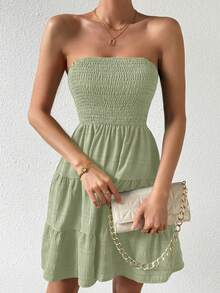EMERY ROSE Summer Casual Solid Color Bandeau Layered Hem Dress - Green - View 7
