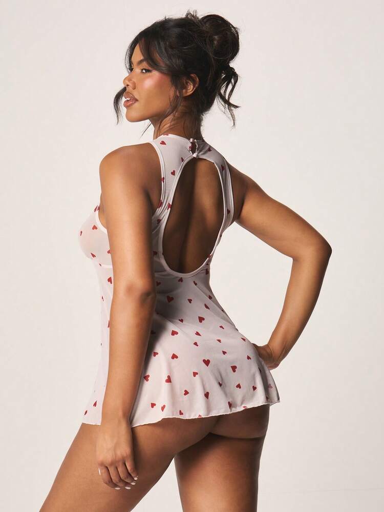 MISSGUIDED Heart Print Halter Neck Lace Up Front Sleeveless Baby Doll Lounge Dress With Open Back Cut Out Detail For Valentine's Day