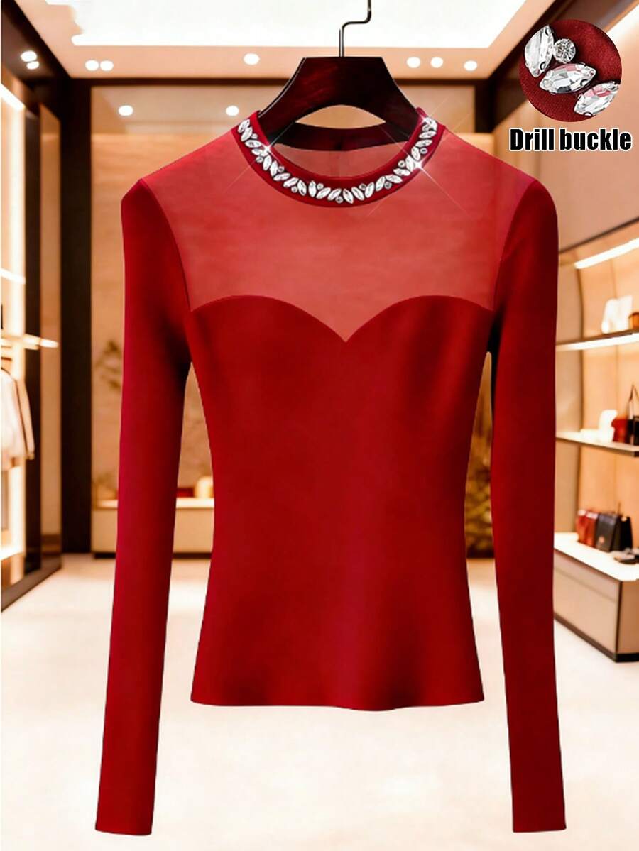 Franclia Elegant Burgundy Fabric Long Sleeve Regular Length Semi Sheer Top For Women - Burgundy - View 1