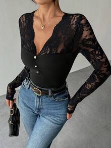 Islaluna Women's Fashionable Elegant V-Neck Lace Patchwork Long Sleeve T-Shirt - Black - View 1