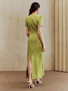 Anewsta Đầm suông tay ngắn, eo thẳng, màu trơn, thêu tinh xảo và đính hạt cườm, đầm dài cho nữ - màu xanh lá - Xem 4