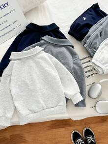 SHEIN 6pcs/3sets Young Boy Embroidery Collar Casual Sweatshirt  And Joggers, Light Grey And Charcoal Gray And Black Color - Multicolor - View 4