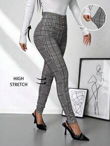 SHEIN PETITE Quần dệt kim cạp cao màu đen trắng họa tiết kẻ caro thanh lịch dành cho nữ, mùa hè - Đen và trắng - Xem 1