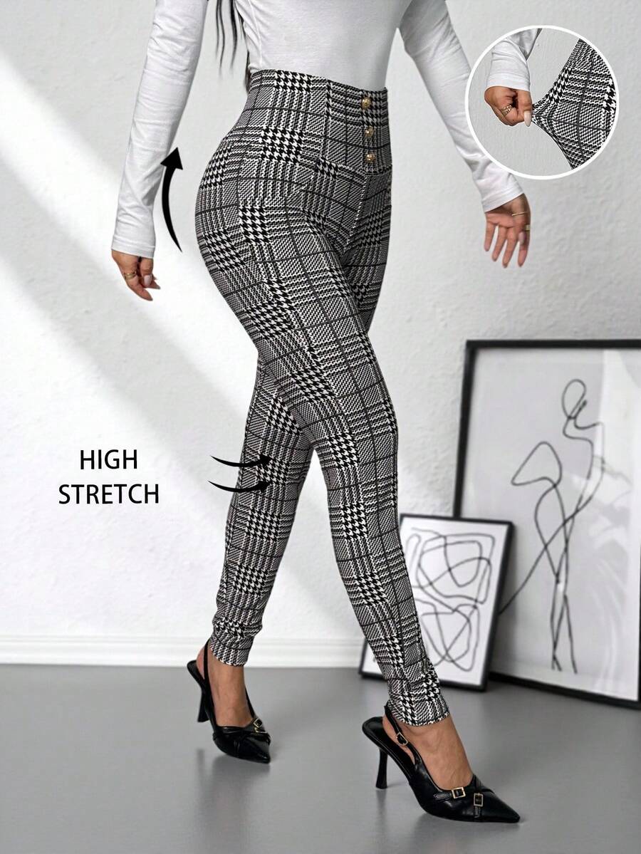 SHEIN PETITE Quần dệt kim cạp cao màu đen trắng họa tiết kẻ caro thanh lịch dành cho nữ, mùa hè - Đen và trắng - Xem 1