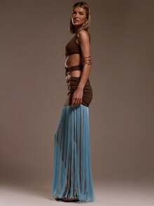 MUSERA One Shoulder Waist Cut Out Detail Fringe Hem Maxi Dress Ibiza Fits Holiday Vacation Sexy Beach Romantic Elegant Occasion Birthday Boho Rafia , Winter - Chocolate Brown - View 2