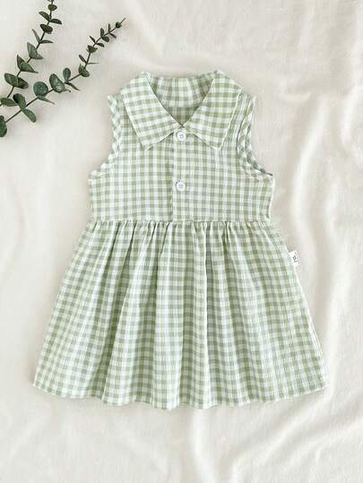 SHEIN Vintaside Kids 女婴可爱彩色格子无袖polo领连衣裙，适合夏季购物和户外玩耍