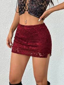 SHEIN EZwear Women's Burgundy Elastic Waist Side Slit Sexy Bodycon Lace Skirt, Suitable For Valentine's Day Date, New Year Party - Burgundy - View 5