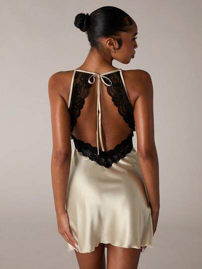 SHEIN BAE Women'S Patchwork Lace Cami Backless Pajama Night Dress Luxeloungewear