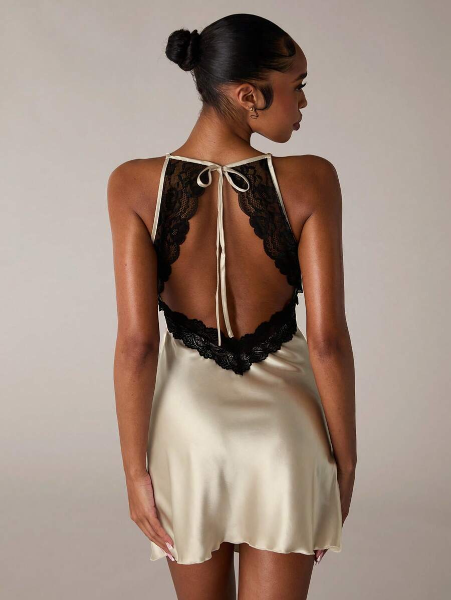 SHEIN BAE Women'S Patchwork Lace Cami Backless Pajama Night Dress Luxeloungewear - Champagne - View 1