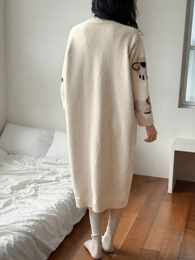Women's Cozy Fleece Sheep Pattern Robe, Casual Loungewear For Autumn/Winter