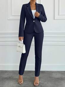 EURMUSE Bộ đồ nữ màu trơn, cổ ve lật, tay dài, kiểu dáng tối giản. - Màu xanh hải quân - Xem 5