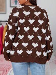 EURMUSE Plus Size Casual Hjärt- & Diamantmönster Kofta, Höst/Vinter - Brun - Visa 2