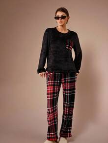 Lazeform Damen Karomuster Taschen Langarm Top & Lange Hose Kuschelige Flauschige Pyjama Kleidung Set, Herbst/Winter Damen Loungewear Sets Karierte Flauschige Pyjamas Damen, Weihnachten - Schwarz - Übersicht 1