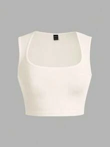 Slaydiva 女士休闲纯色百搭方领背心，适合夏季穿着 - 米色 - 查看 2