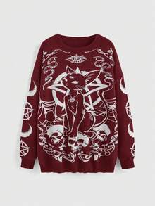 ROMWE Gothic Dark Plus Size Loose Pullover Sweater With Black Cat, Skull, Star, Moon And Snake Intarsia Pattern - Burgundy - View 1