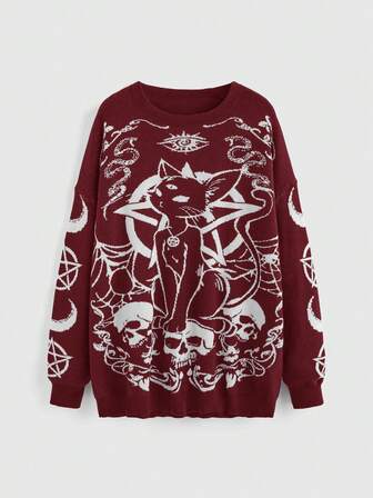 Gothic Dark Plus Size Loose Pullover Sweater With Black Cat, Skull, Star, Moon And Snake Intarsia Pattern