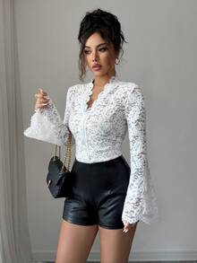 Elenzga Women's White, Sexy And Elegant Luxury Lace Blouse. Fitted V-Neck Long Flare Sleeve, Lace Material, Semi-Sheer Lace Ruffle Trim. Suitable For Autumn, Winter, Spring. For Party, Banquet, Gathering, Casual Daily Wear, Halloween, Christmas. - White - View 6