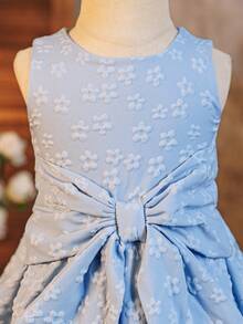 Glamorique Kids 女婴纯色提花大蝴蝶结装饰无袖连衣裙，适合春季、夏季、秋季派对、日常穿着和节日穿着。 - 藍色 - 查看 4