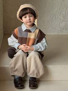 DAZY Young Boys Loose Fit Plaid Knit Sweater, Casual Style For Fall Vest - Brown - View 3