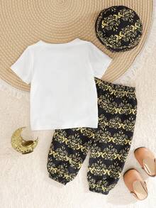 3pcs/Set Toddler Boys' Middle Eastern Style Printed Loose Short Sleeve Top + Unique Printed Jogger Pants + Unique Printed Hat, T-Shirt Outfit, Autumn/Winter Baby Boy Summer Sets Baby Boy Outfits With Hat Baby Boy Moon And Lantern Outfit رمضان  قرقيعان	 فستان العيد  الملابس التقليدية العربية Baby Boy Muslim Outfit Islamic Baby Clothing Moon And Lantern Baby Outfit - Black - View 3