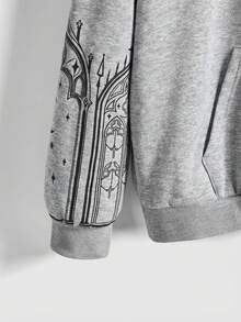 ROMWE Plus Size Vintage Gothic Church Cross Print Loose Fit Zip-Up Sweatshirt - Dark Grey - View 4