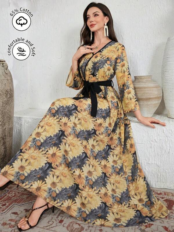 Lacomfia Vestido árabe acampanado con cuello en V y cinturón de contraste de color lino