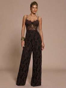 SHEIN BAE 女士蕾丝拼接性感时尚度假派对连体裤 - 咖啡棕 - 查看 4