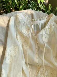 Airaco Women's Floral Jacquard Raglan Sleeve Single-Breasted Fashion Shirt - White - View 6