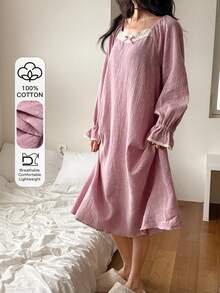 DAZY Sweet Crochet Lace Trim Polka Dot Print Chiffon Ruffle Lantern Sleeve Women Nightgown - Purple - View 1