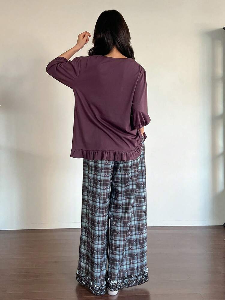 Women's Solid Color Lantern Sleeve Ruffle Trim Loose Top & Plaid Bow Pattern Pajama Pants Sleepwear Set