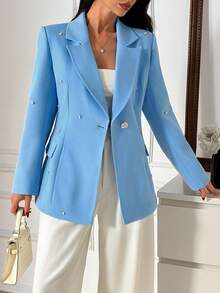 EURMUSE Blazer élégant pour femmes avec détails de strass au col châle - Bleu ciel - Voir 3