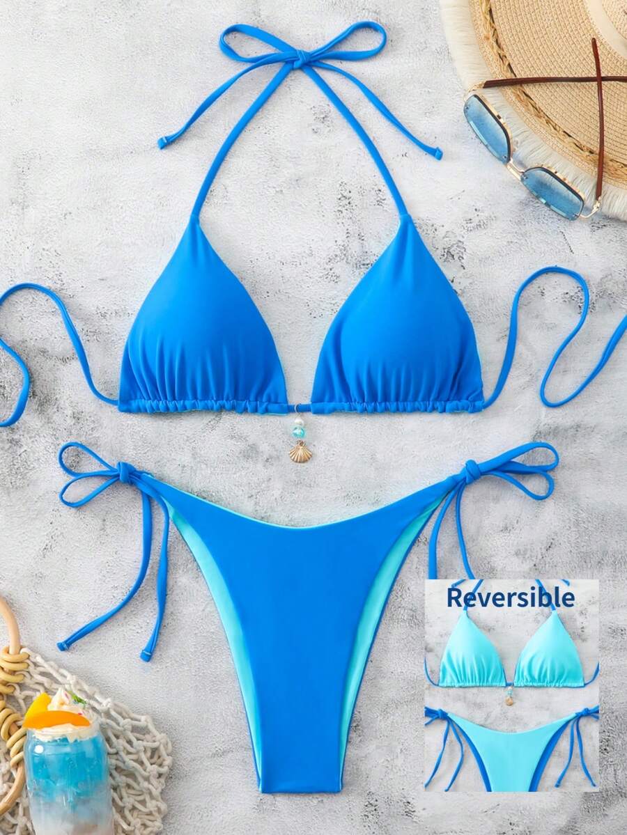 Swim Vcay Bộ bikini cổ yếm màu trơn dành cho nữ, thích hợp cho kỳ nghỉ biển. - Màu xanh lam - Xem 1