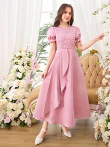 Vestido con mangas cortas y bordado de lentejuelas para adolescentes, adecuado para citas y ocasiones formales - Rosa - Ver 8