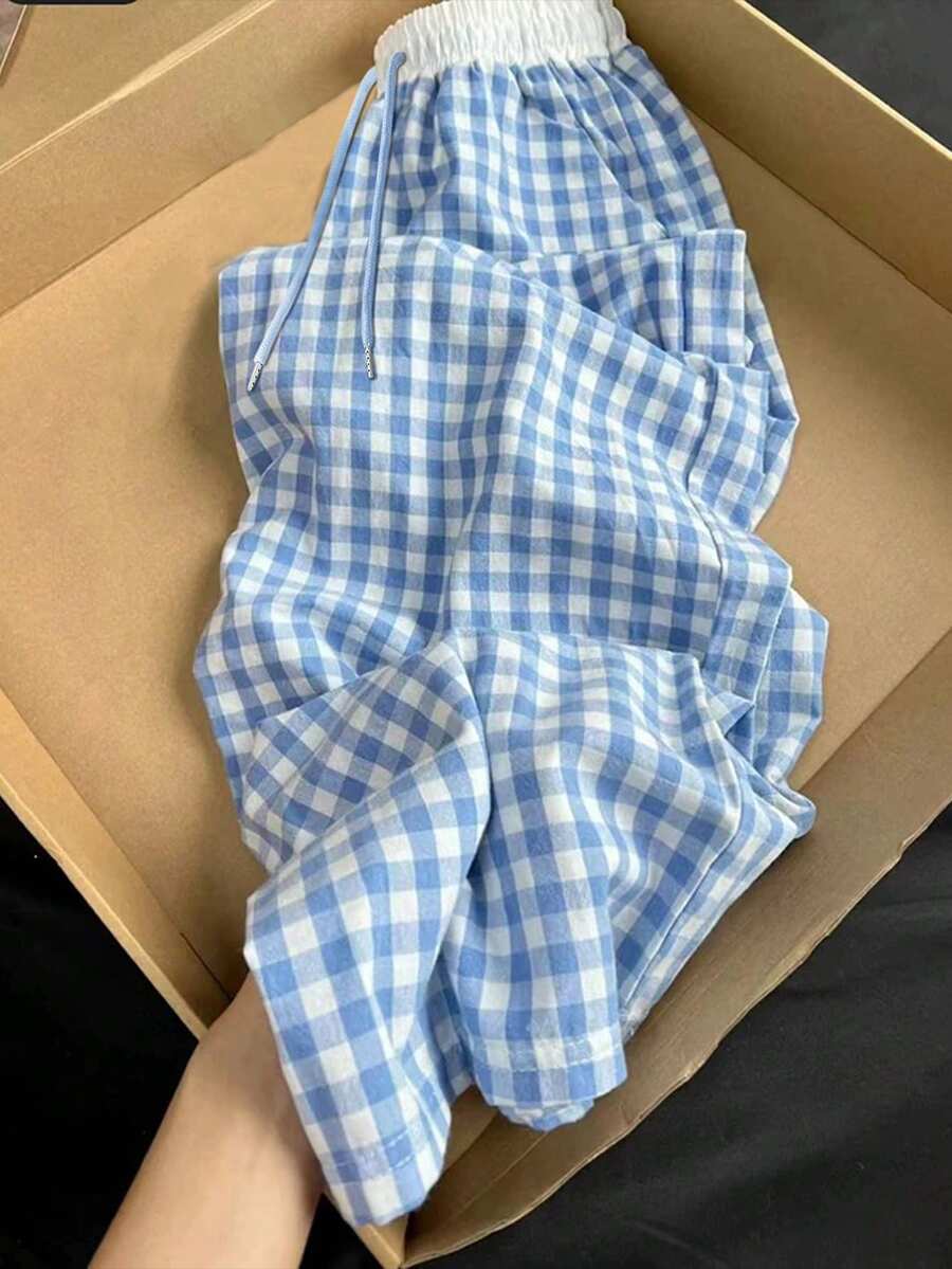 GlowEve 蓝白格纹宽松阔腿裤，显瘦 - 藍白色 - 查看 1