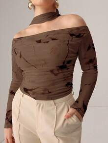 Modelyn Autumn Knitted Sexy Sheer Mesh Ribbon Print T-Shirt - Brown - View 1