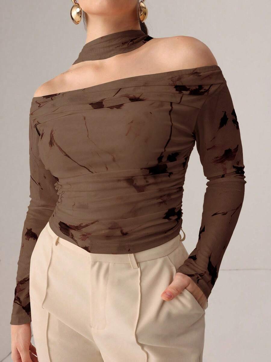 Modelyn Autumn Knitted Sexy Sheer Mesh Ribbon Print T-Shirt - Brown - View 1