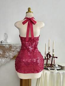 Elamini Đầm dự tiệc ngắn gợi cảm đính hạt, buộc dây dành cho nữ, thích hợp cho mùa Thu/Đông. - Màu Hồng Tươi - Xem 6