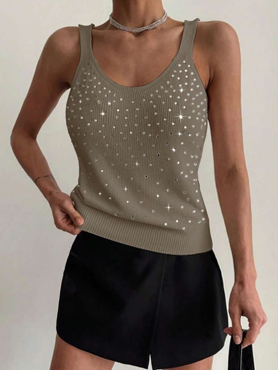 EMERY ROSE Women's Elegant Rhinestone Embellished White Camisole Knit Top Sparkle Top Rhinestone Top Bling Top - Camel - View 1