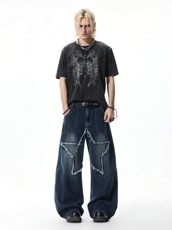 Jeans à jambes larges avec poches, à couleur contrastée avec broderie d'étoile à cinq branches personnalisée pour hommes