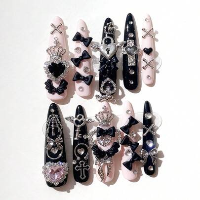 ROMWE Anime 10pcs Y2K Cute Heart, Star, Bow, Wing Nail Art Stickers With Tape