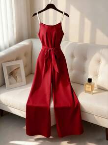 Franclia 女士优雅红色珍珠吊带系腰阔腿连体裤，春夏款 - 紅色 - 查看 1